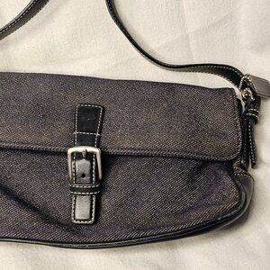 Coach Black Leather Denim Front Buckle Shoulder Bag